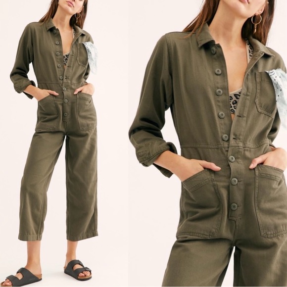 Free People Pants - Free People Gia Long Sleeve Coverall Jumpsuit Military Army Green Size XS